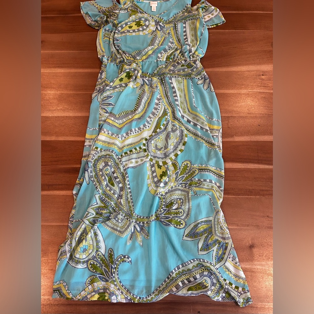 Chico's Aqua and Green Patterned Maxi Cold Shoulder Dress